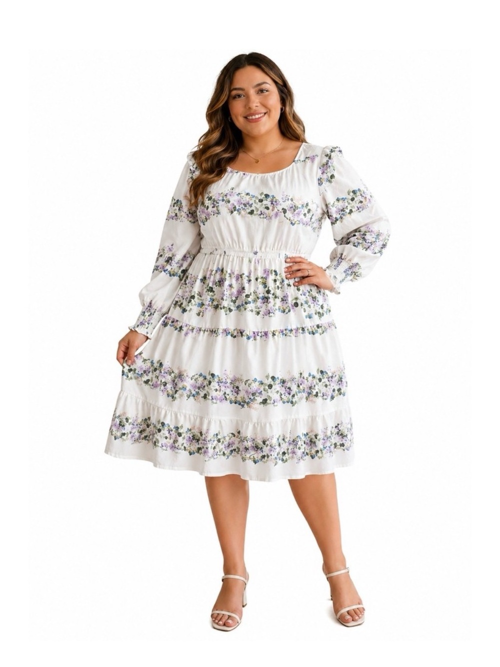 Sweet and Flirty White Floral Tiered Midi Dress with Lavender Floral Accents